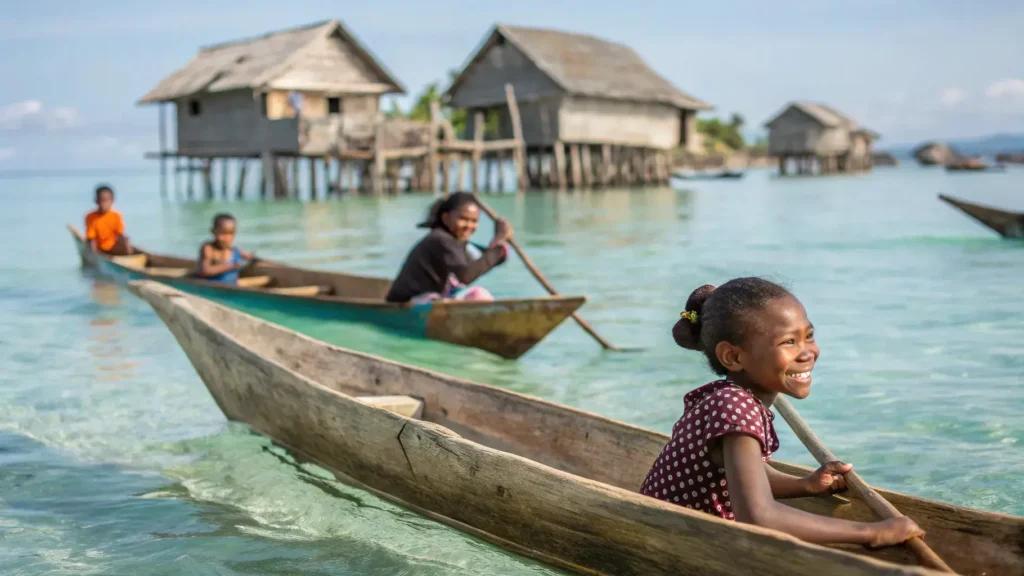 Orang-orang naik perahu di dekat rumah di atas air.